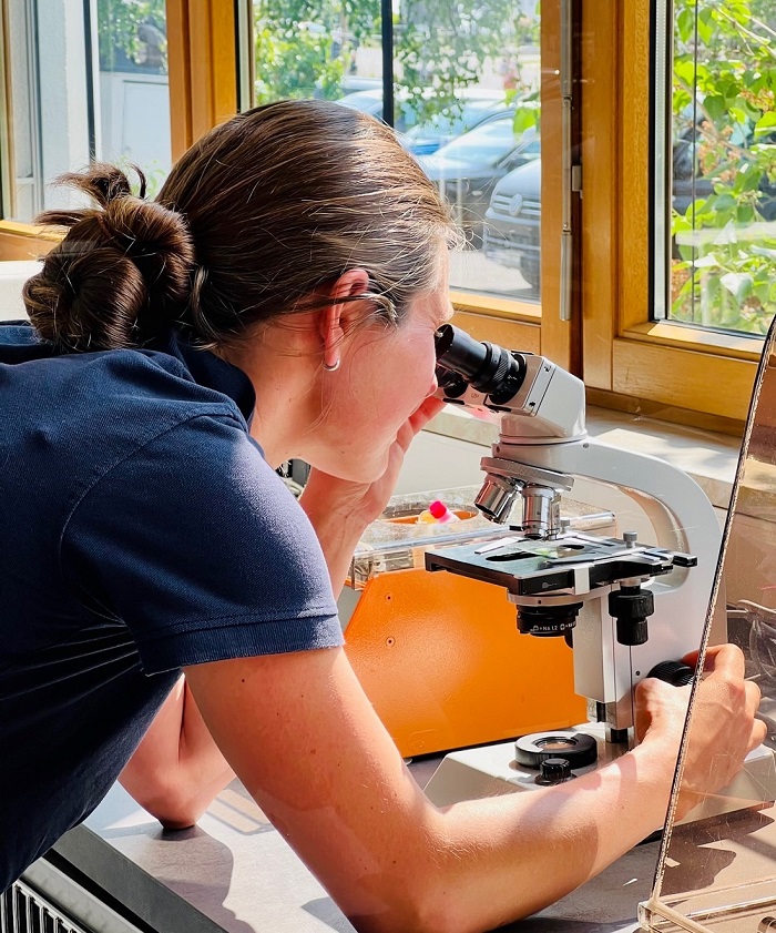 Dr. Julia Pilz (geb. Thielecke) am Mikroskop