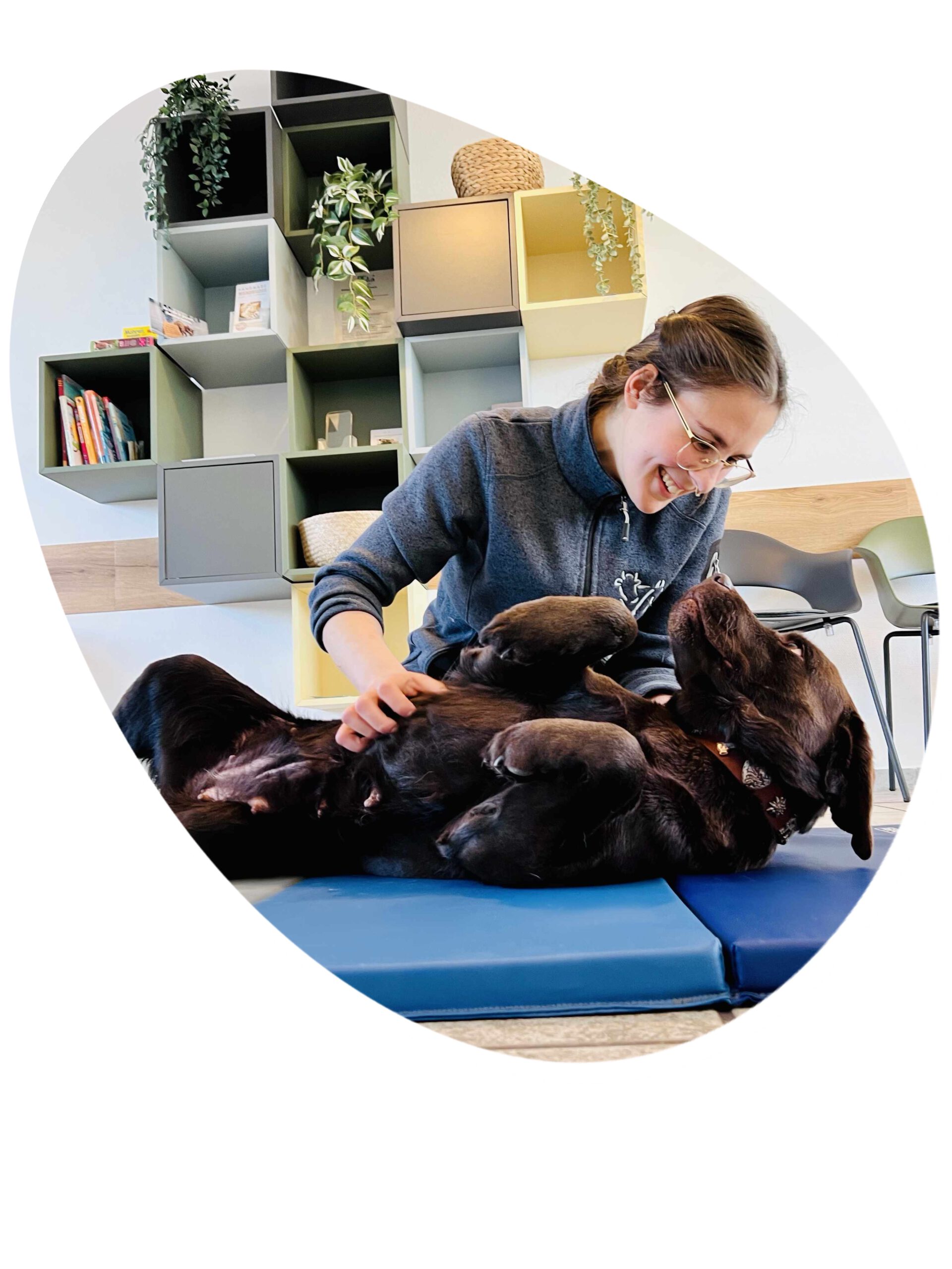 Frau Paukovic streichelt einen Hund am Bauch - Tierarztpraxis Pilz Haigerloch